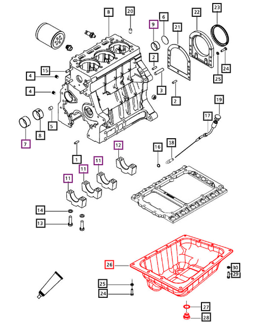 Mahindra engine oil pan assembly 006027909B11, a complete lower crankcase/oil sump unit for 1635 CE‑35 engines on 1600 Series tractors, providing the reservoir for engine oil beneath the crankcase.