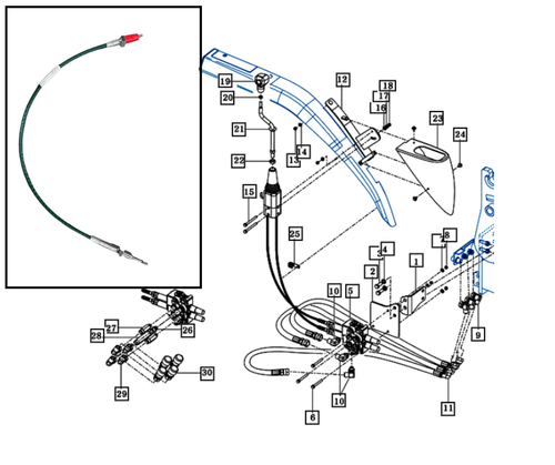 Mahindra/TYM loader joystick cable 85833005011 (760 mm), a replacement control cable that connects the cab or fender‑mounted loader joystick to the loader valve on 2638L/2638CL, 2645 Gear Cab T4, and 2655 gear/HST loaders.