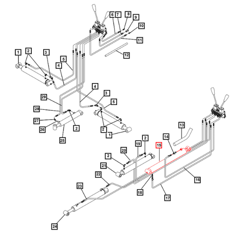 Mahindra/KMW backhoe lift cylinder KMW31702049, a double‑acting hydraulic boom lift cylinder used on 1526B, KMW‑1626 and KMW‑1635 backhoe attachments to raise and lower the main backhoe boom.