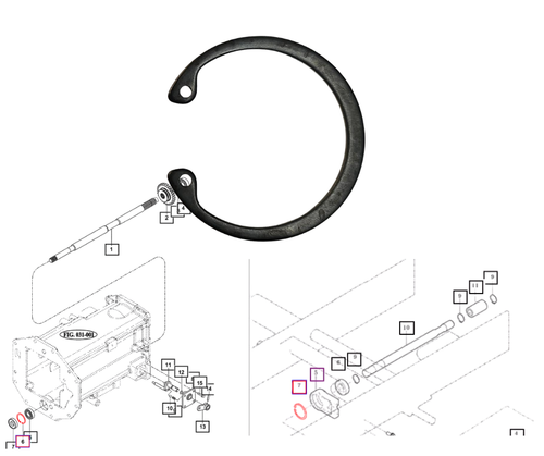 Mahindra C‑type stop ring V7051400420, a Spec‑42 external snap ring used to retain shafts and gears in 4WD, PTO, steering and A/C assemblies on multiple tractor series.