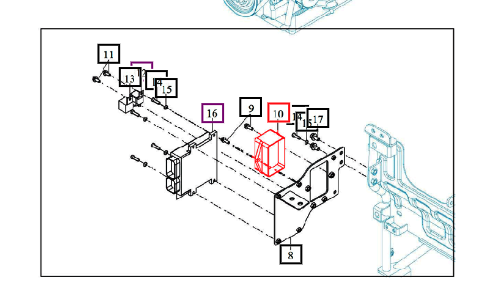Mahindra fuse case assembly 13276642002, a compact fuse block housing that holds and protects the main electrical fuses on eMax 22/25 Steel tractors near the air cleaner.
