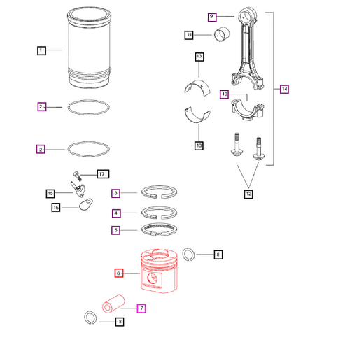 Mahindra piston with pin 006000783F91, a 4‑cylinder engine piston and wrist pin assembly used in 4500, 4530, 5500, 6000, 6025 and 6030 tractor engines.