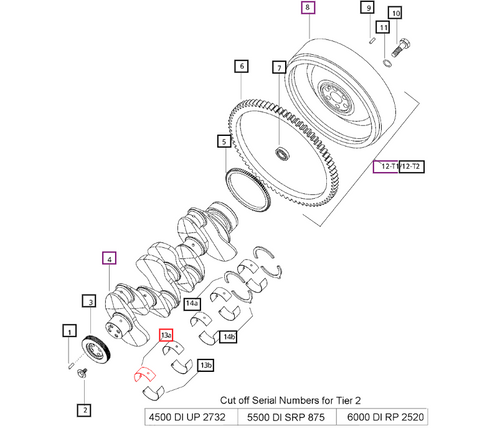 Mahindra crankshaft main bearing top shell 000020332E05, the standard-size upper main bearing used with matching lower shell 000020340E05 to support the crankshaft in various 4‑cylinder Mahindra tractor engines.