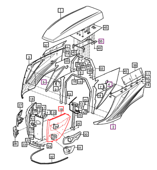 Mahindra front left hood grill 15896112140GB, the painted LH grille panel that mounts in the hood front on 9000 Series cab tractors such as 9110P, 9125P, 9110S and 9125S.