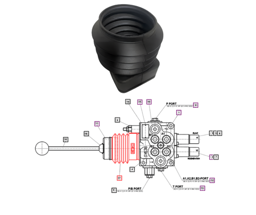 Mahindra loader valve joystick rubber boot ANS8820732, a molded rubber cover that fits over the loader joystick on Ansung AML333/AML334, 4550 and Max 26L/26XL loader valves to keep contaminants out of the control assembly.