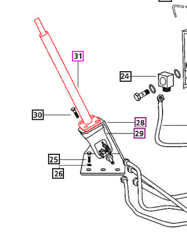 Mahindra Series 5 steering column 007608194C91, the replacement column for multiple 00, 30 and 5500 Series tractors that connects the steering wheel to the hydrostatic steering unit and power steering system.