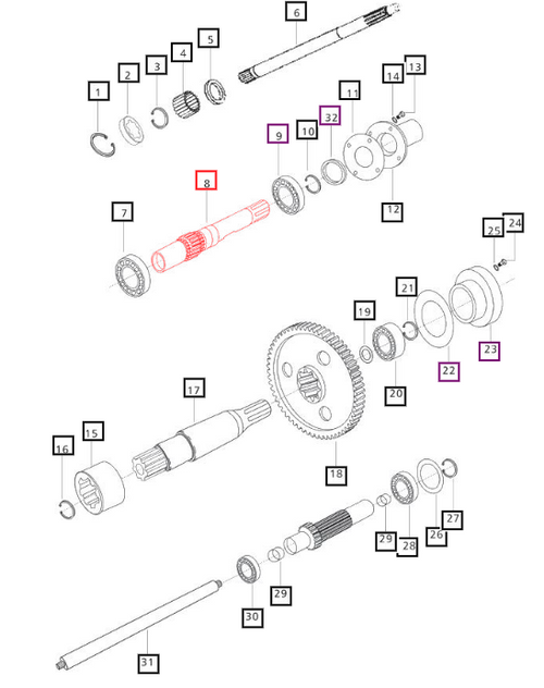 Mahindra hollow drive shaft 006505520C1, an internal PTO driveline shaft that carries rotation through the IPTO/SLPTO gear sets on selected 30 and 5500 Series tractors.