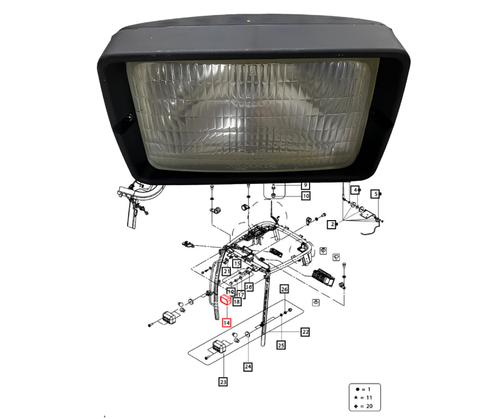 Mahindra cab work lamp E007700924D91, a rectangular OEM work light mounted on the cab roof or rear frame to illuminate the work area on various Mahindra cab tractors.