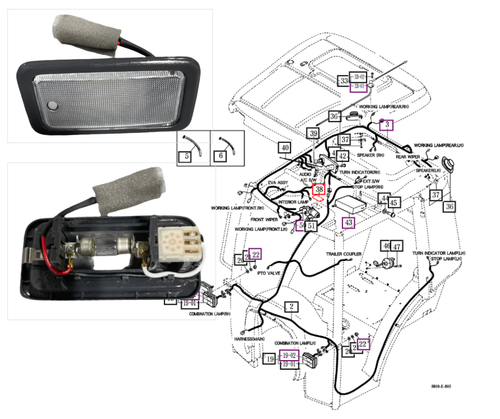 Mahindra cab dome light 16997024500, a compact rectangular interior roof lamp assembly used to illuminate the cab on various Mahindra tractor and eMax steel‑cab models.