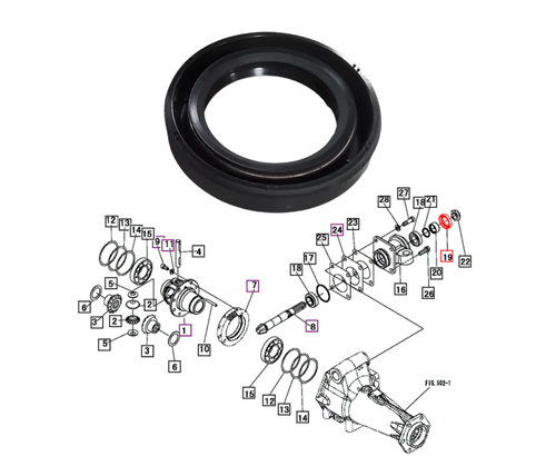 Mahindra front axle pinion oil seal 08401030458, a radial seal that fits in the MFD/steering axle housing to keep gear oil in and contaminants out on select Mahindra compact and Max tractors.