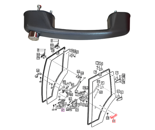 Mahindra cab door grip lock handle assembly 14527052600 for 10, 2500, 2600, eMax and eMax L Series cab tractors; fits 5010, 6010, 6110, 2538, 2545, 2555, 2565, 2638, 2645, 2655, 2665, eMax 22, eMax 25, eMax L22/L25 and eMax20S HST Cabin left and right cab doors.