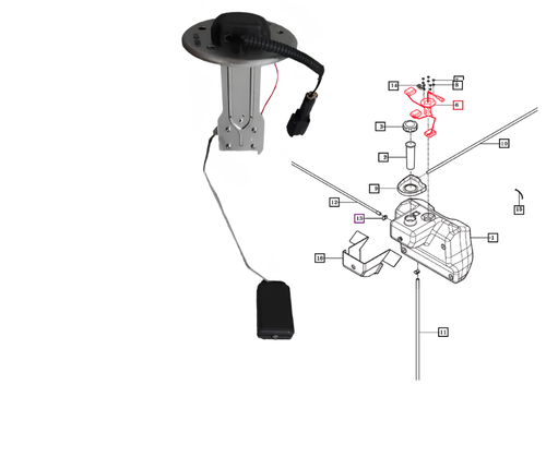 Mahindra fuel level sender / gauge assembly 11101112300 for eMax and eMax L Series compact tractors; fits eMax 22 Gear/HST, eMax 25 HST, eMax 22/25 Steel Gear/HST, and eMax L22/L25 HST/Gear fuel tank and fuel line assemblies.
