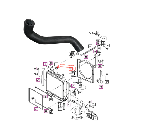Mahindra upper radiator hose 14831040010 for 10 Series 3510 HST tractors; OEM radiator inlet hose in the engine accessories and control radiator assembly.