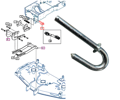 Mahindra mower deck pin 94001006600 for TYM‑eMax54M 54" mid‑mount mower on eMax20S tractors; OEM deck pin used in mower deck service parts group for secure front mounting and caster support.