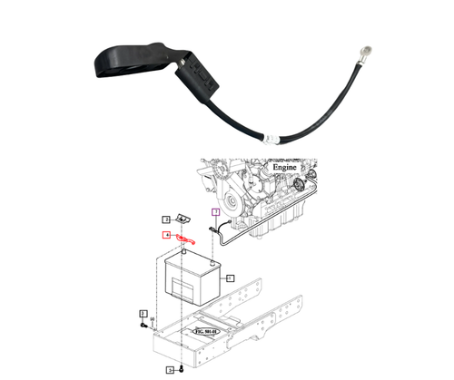 Mahindra negative battery cable harness 10016802301 for 2500 and 2600 Series tractors; fits 2538 HST T4, 2540 Gear T4, 2545 Gear T4, 2638 HST OS and 2645 Gear OS battery & mounting assemblies.