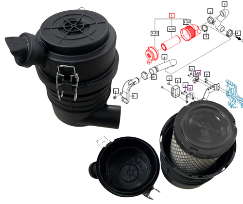 Mahindra air cleaner assembly 11201032000 for eMax and eMax L Series tractors; fits eMax 20S, eMax 22/25 (including Steel) and eMax L22/L25 Gear/HST and Cabin applications, and houses primary air filter element 11201032020.