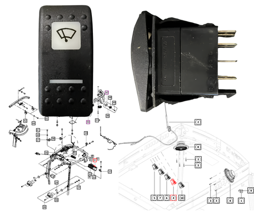 Mahindra 12V front wiper switch E007700927D91 for cab tractors; fits 1120/1123/1126 HST sub‑compact cabins and 3540/3550, 3640/3650, 6065/6075, 7060, 7095, 8090/8100, 8560, mPower 75P and mPower 85P cabin electrical and control panels.