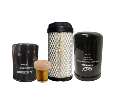 Mahindra 1126 HST sub‑compact 4‑filter maintenance kit with engine oil filter 006053018N91, fuel filter element 31A6200317 / 006054318K01, HST transmission filter 007223928D91 and air filter 008022190N01 – Bill's Tractor Parts