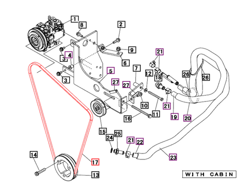 Mahindra A/C compressor V-belt 19480822000 for 1538 HST Cabin T4, 1640 HST Cabin and 1640 HST Cabin Refresh tractors – OEM cabin compressor belt from Bill’s Tractor & Equipment