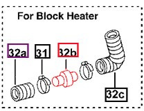 Mahindra block heater housing 006001633B1 is the cast adapter for installing a block heater into the engine coolant passage on these Mahindra tractors; the actual block heater element and electrical plug are not included and must be purchased separately as part of a block heater kit.