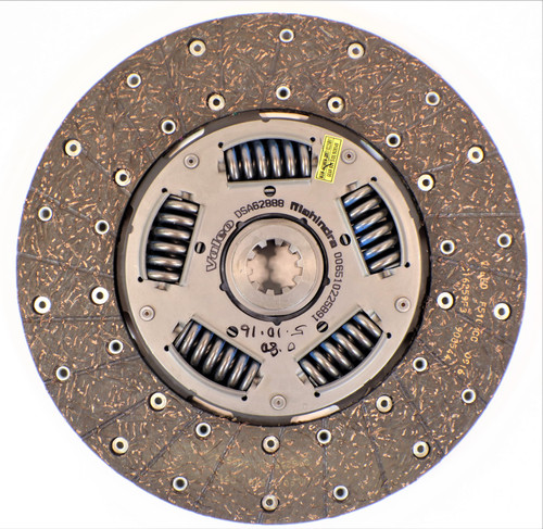 Mahindra 11 inch clutch driven disc 006510225B91 for Mahindra 350, 450, early E350 up to serial EMA3647 and E40 tractors, replacement for 005557234R91, showing the splined center hub and friction lining.