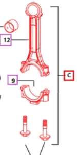 Mahindra connecting rod assembly E006012262H91 (96 x 122) used in the piston, liner, connecting rod and crankshaft / crank train system on selected 2500, 2600, 4500, 5500, 9000 and mPower 75/85 Series tractors to connect each piston to the crankshaft.