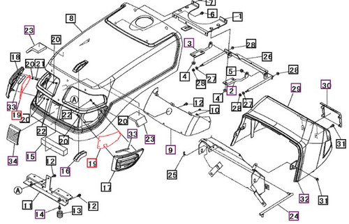 Mahindra corner screen 19582617AG0 / 19582617BR0 for hood and grille, fits left or right side on 1815, 1816, 2415 and 2516 tractors.