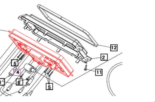 Mahindra 19458602500 rectangular monitor assembly for 3016, 3616, 1526, 1626 and Max 25 XL/26XLT tractors, integrated dash panel with digital/analog gauges and indicator lights in the instrument panel electrical system.