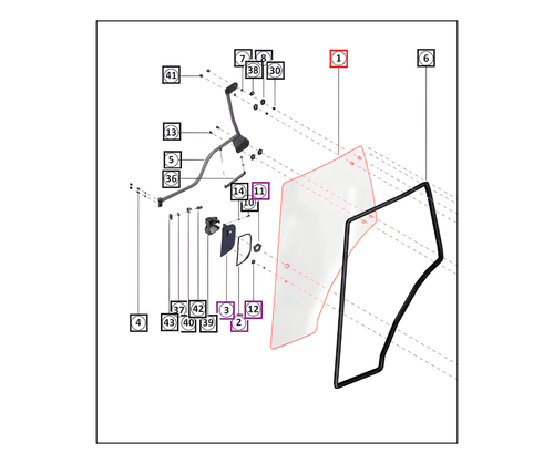 Mahindra LH door glass assembly 008902312U91 is the left‑hand cab door window for Mahindra 6000 Series 6065 4WD Cabin Refresh Tier 4 and 6075 4WD Cabin Refresh Tier 4 tractors, replacing the full glass panel in the driver‑side cab door.