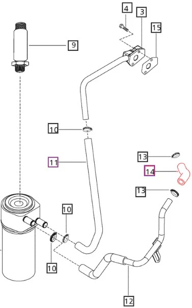 Mahindra 006004883F1 hose oil cooler pipe to water pump, molded rubber engine coolant hose that links the oil cooler outlet pipe to the water pump on Mahindra 25, 30, 45, 3500, 3600, 5500, 6000, 8000 and mPower series tractors, used in lubrication oil filter, oil cooler and HVAC engine-side assemblies to route coolant and help control engine and oil temperatures.
