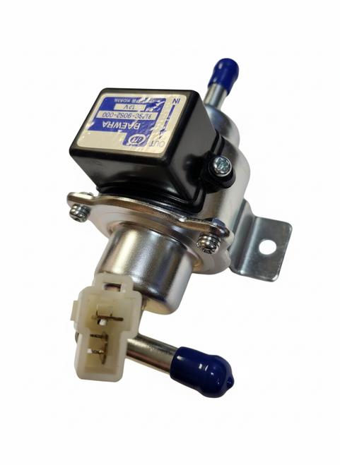 Mahindra electric low pressure diesel fuel pump 16999052300 with inlet and outlet barbs for 5010 6010 6110 and eMax L22 L25 tractors fuel hose and filter circuit.