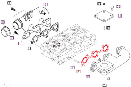 Mahindra exhaust manifold gasket E580012352 / E5800-12352, thin metal/composite gasket for sealing the exhaust manifold to the cylinder head on Mahindra 2810, 3510, and 4010 tractors, with alternate part number E580012351 used on 2310 models.