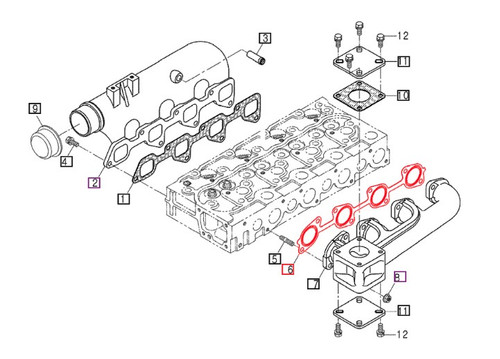 Mahindra exhaust manifold mounting gasket E6520-12352 (and E652012351), multi‑port gasket that fits between the exhaust manifold and cylinder head on Mahindra 10 Series 4110, 4510, 5010, 6010 and 6110 tractors to seal exhaust gases and maintain proper manifold performance.