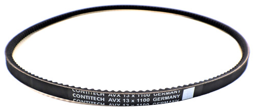 Mahindra fan belt 006025334H1 shown as a V‑13 x 1100 mm black V‑belt that wraps around the crankshaft, water pump and alternator pulleys on Mahindra 2500 and 2600 Series Tier 4 tractors to drive the engine cooling fan and charging system.