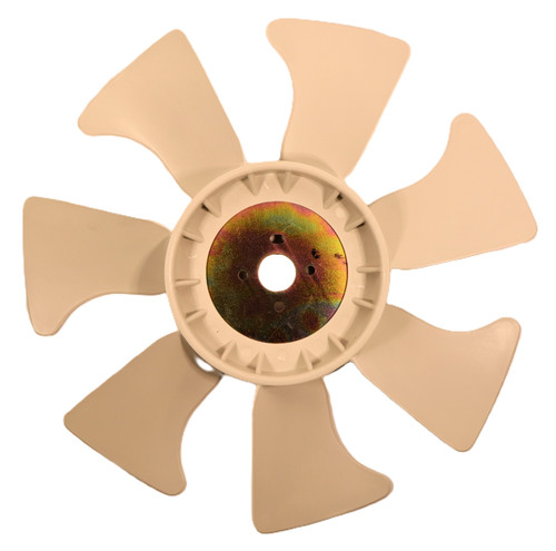 Mahindra cooling fan E562974111 shown as a multi‑blade plastic radiator fan that bolts to the fan hub in front of the engine on Mahindra 4110 T4 and 4510 T4 cab tractors to draw air through the radiator core.