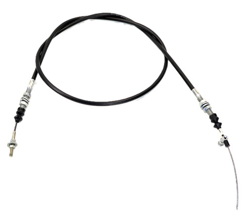 Mahindra foot accelerator cable 000041892C11 shown as a flexible sheathed control cable with threaded adjuster and clevis ends that connects the floor‑mounted throttle pedal to the fuel injection pump linkage on Mahindra C27 and C35 tractors.