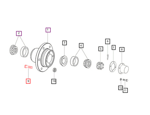 Mahindra front wheel hub bolt 003047573R1 008007511B1 for 2WD front wheel hub assembly, hub and rim, and Titan tire wheel applications across Mahindra 05, 00, 10, 25, 30, 35, 4500, and 5500 Series tractors.