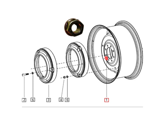 Mahindra flanged rear wheel lug nut 007600164D1 M18x1.5-10 for 4WD rear wheel bolts, rims, discs, and tire/wheel assemblies on select Mahindra 00, 20, 30, 60, 6000, mPower 75, and mPower 85 Series tractors.