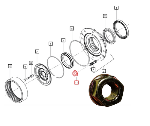 Mahindra flanged rear wheel lug nut 007600164D1 M18x1.5-10 for 4WD rear wheel bolts, rims, discs, and tire/wheel assemblies on select Mahindra 00, 20, 30, 60, 6000, mPower 75, and mPower 85 Series tractors.