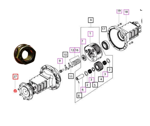 Mahindra flanged rear wheel lug nut 007600164D1 M18x1.5-10 for 4WD rear wheel bolts, rims, discs, and tire/wheel assemblies on select Mahindra 00, 20, 30, 60, 6000, mPower 75, and mPower 85 Series tractors.