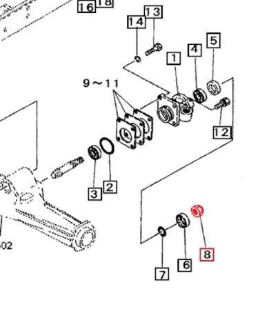 Mahindra front pinion nut M25 10302123000 for front axle MFD and axle brake assemblies on select Mahindra 15, 16, 1500, and 1600 Series compact 4WD tractors.