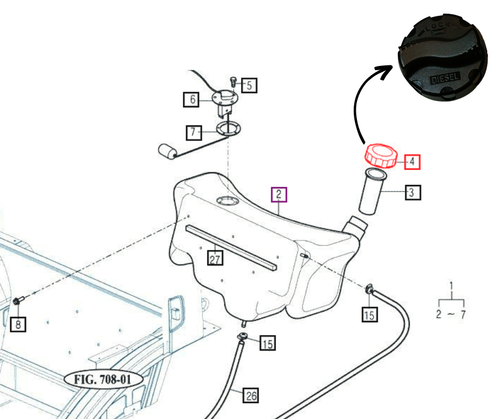 Mahindra cab-version fuel tank cap assembly 19143102201, replacing 19143102200, for 2538/2545/2638/2645 cab tractors, mForce 100/105/105XL and 9000 Series cab tractors – OEM diesel fuel cap from Bill’s Tractor & Equipment