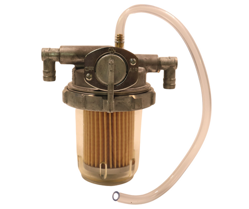 Mahindra fuel filter assembly 36573112001 shown as a spin‑on or cartridge‑style fuel filter mounted in a metal housing with inlet and outlet fittings, used in the fuel hose and filter circuit on Mahindra 4510, 5010 and 6010 10 Series tractors.