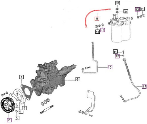 Mahindra 005559203B91 fuel line for 3505 tractor, rigid steel line routed between the injection pump/hand primer assembly and the feed pump as part of the Tier II fuel injection system to carry diesel fuel during priming and normal operation.