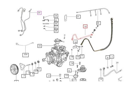 Mahindra fuel line 006011737F2 shown as a formed metal overflow tube that connects the Tier 3 fuel injection pump overflow port into the return circuit on Mahindra 5525 and 6525 tractors.