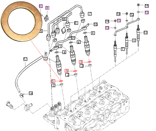 Mahindra E630053621 E6300-53621 small round copper fuel injector gasket washer used per injector in nozzle holder groups on 10 Series and eMax 22 25 diesel engines to seal the injector to the head. Price and Sold Per Each