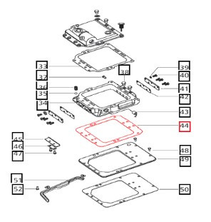 Mahindra rail housing-to-base-plate gasket 006504727C2 (and superseding/alternate gaskets 006504727C1, 000031164B12, 0000000UT), thin cut gasket that seals the rail housing to the transmission case cover/front plate on Mahindra 4025, 4540, 4550, 4565, 5555, 5565, 5570, 4500, 5500, 6025, 6000, 6500, 6525, 4530, 5545, 5530, 6030, and 6530 tractors to prevent gear oil leaks around the gear shifter and PTO rail assembly.