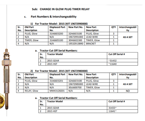Mahindra 31A6613200 8V glow plug for early 2015 gear and HST tractors with the original 3-second delay timer, plug body marked “8V” and intended only for machines that have not been converted to the 10-second glow plug timer.