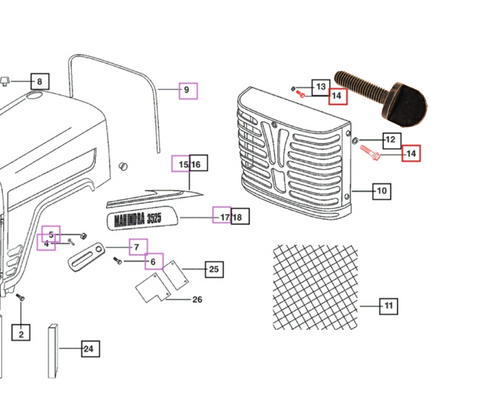 Mahindra front grille fixing screw 007601033B1, 38 mm long OEM sheet metal fastener used to mount and secure the front grille on selected 25 Series, 3500 Series, 3600 Series, 4500 Series, 6000 and 60 Series, and mPower 75P/85P cabin tractors.
​