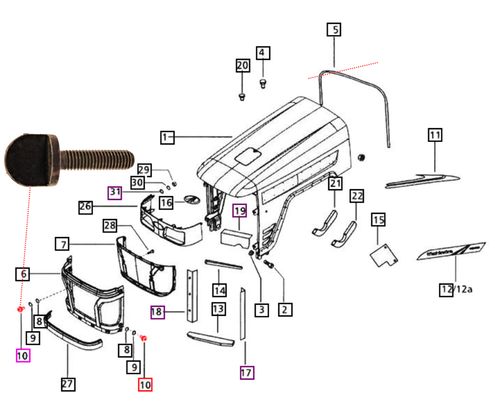 Mahindra front grille fixing screw 007601033B1, 38 mm long OEM sheet metal fastener used to mount and secure the front grille on selected 25 Series, 3500 Series, 3600 Series, 4500 Series, 6000 and 60 Series, and mPower 75P/85P cabin tractors.
​